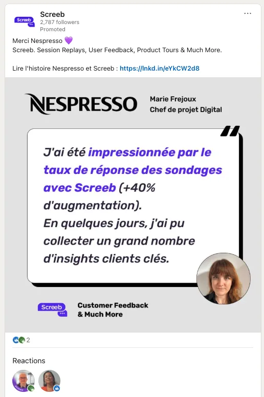 Annonce LinkedIn avec le témoignage client Nespresso