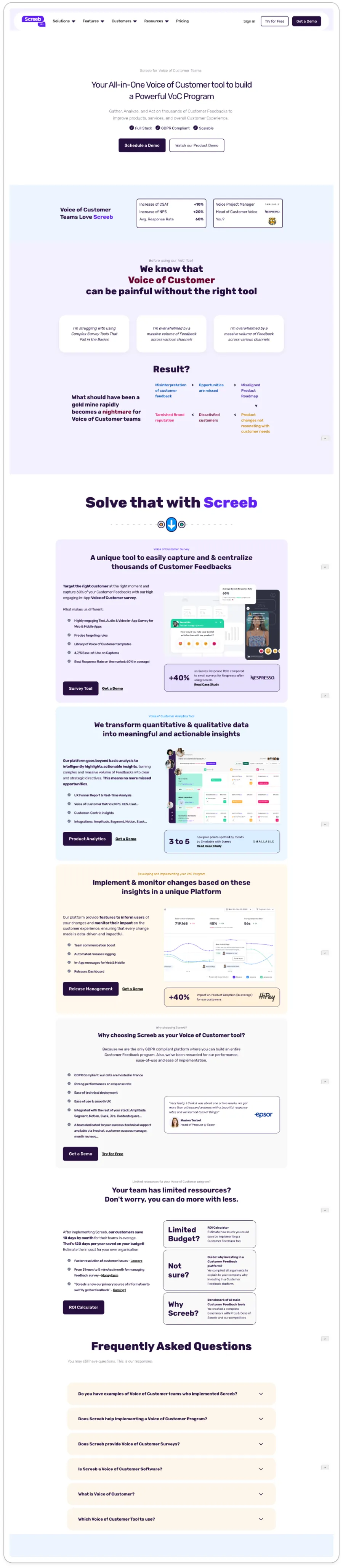 Page solution Voice of Customer de Screeb
