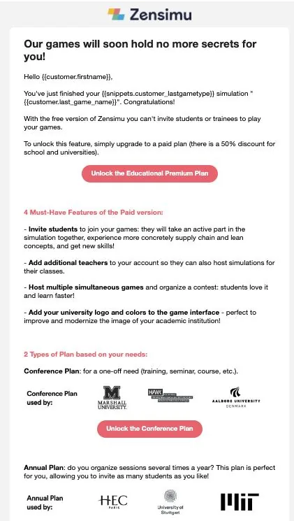 Email Zensimu après une partie terminée pour les écoles : fonctionnalités du plan payant et remise de 50%