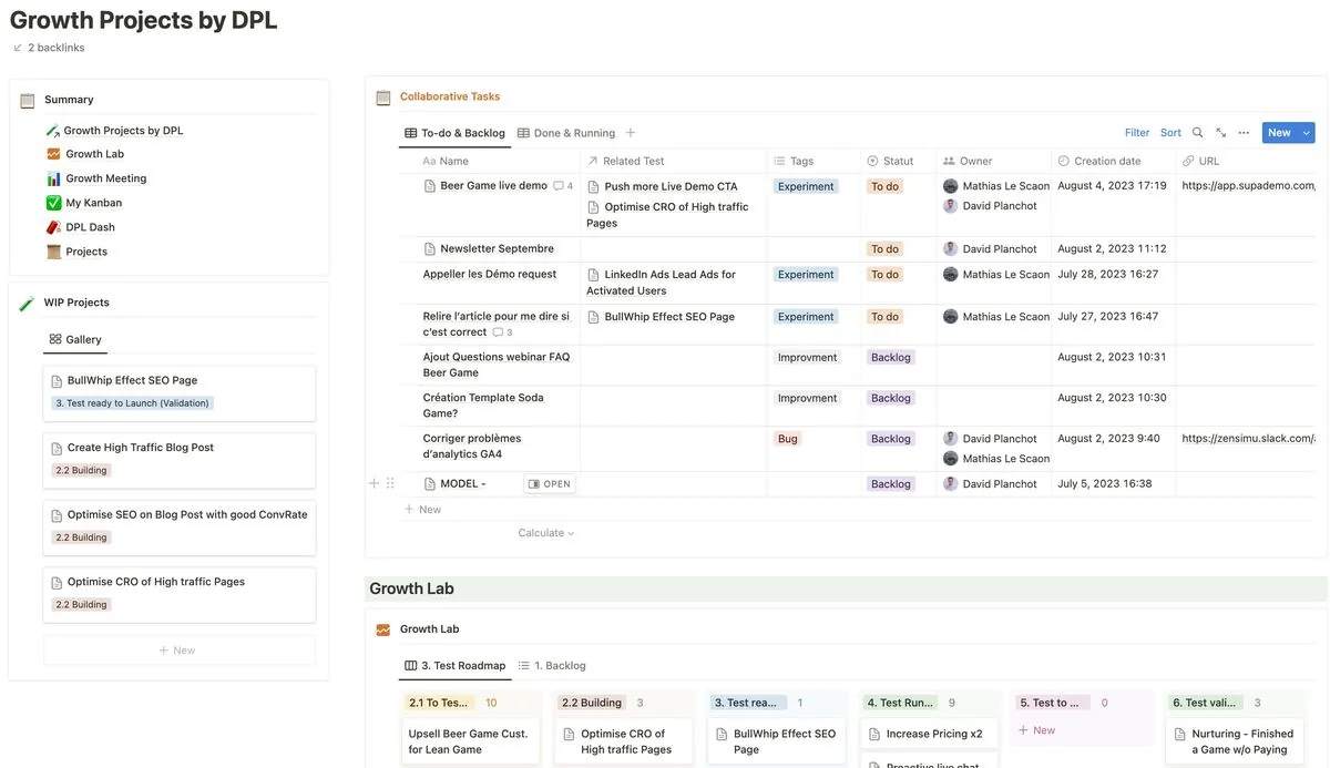Espace Notion Growth Projects avec tâches collaboratives et roadmap du Growth Lab
