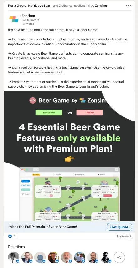 Annonce LinkedIn Zensimu : 4 fonctionnalités Beer Game disponibles avec le plan Premium