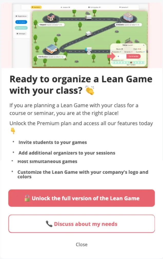 Message in-app Zensimu invitant à débloquer la version complète du Lean Game