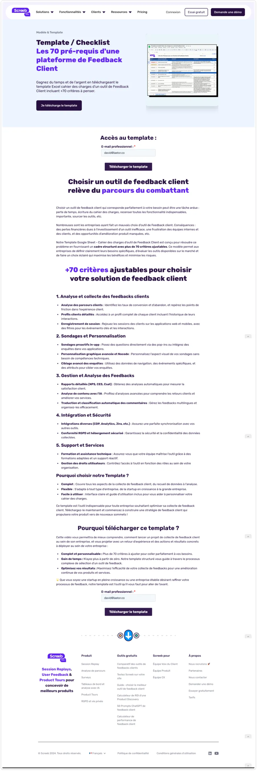 Landing page du template Les 70 pré-requis d'une plateforme de feedback client