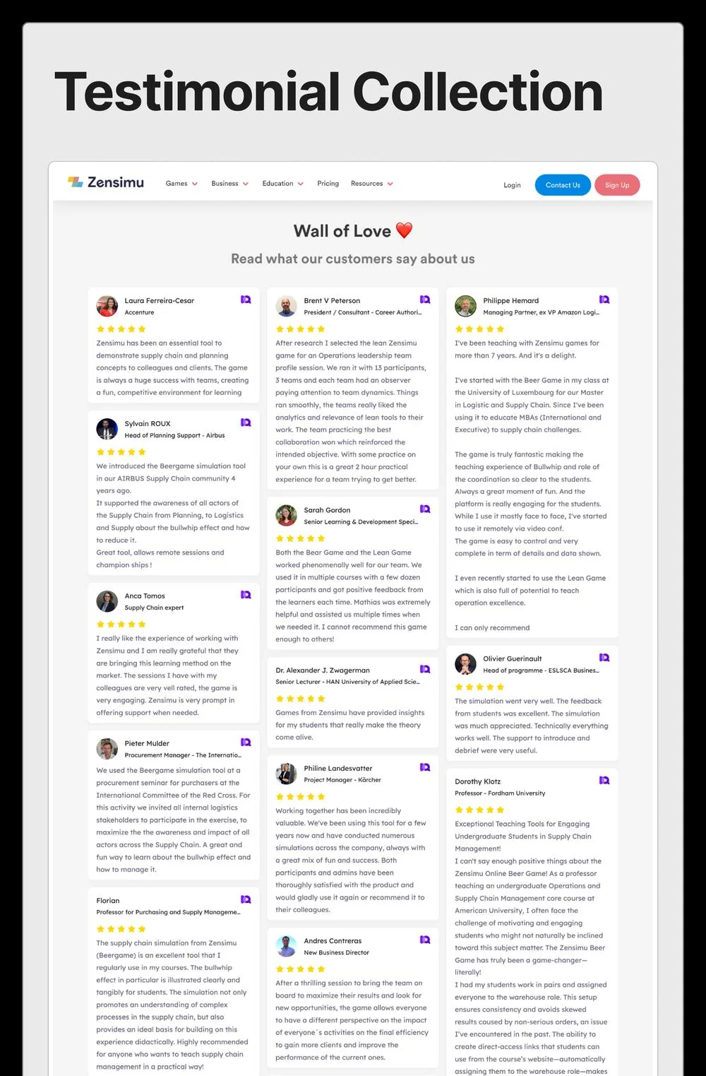 Page Wall of Love de Zensimu avec les avis d'Airbus, Accenture, Kärcher et de professeurs d'université