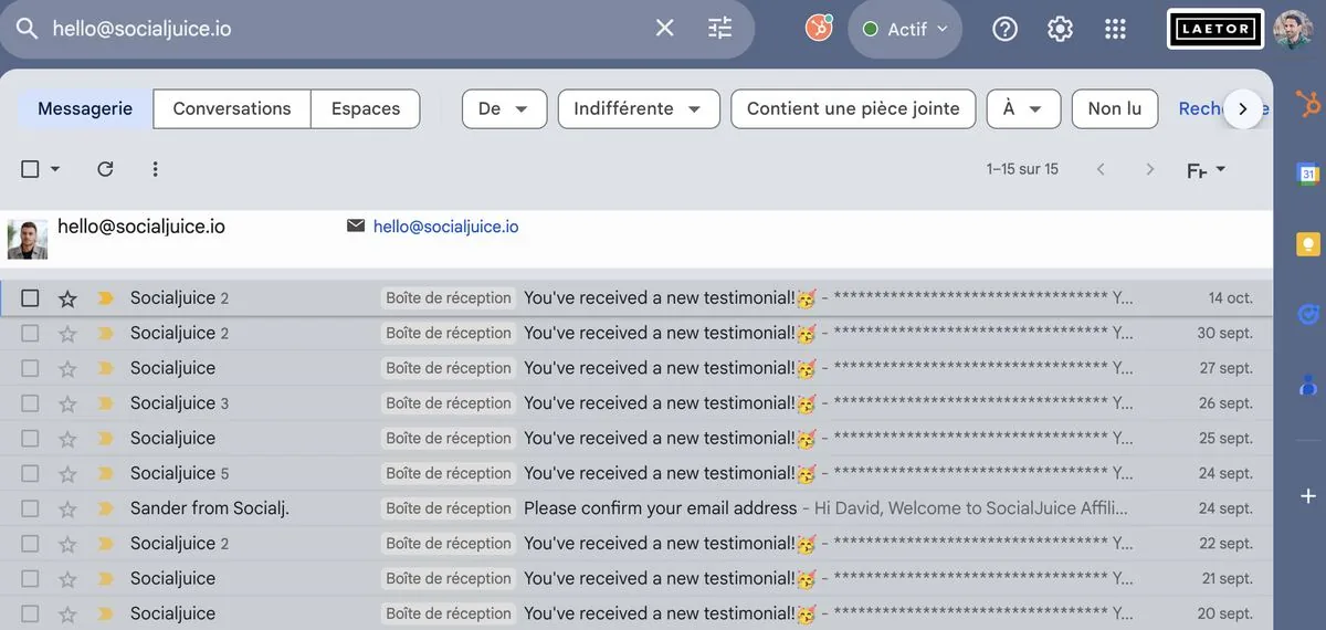 Boîte mail recevant les notifications Social Juice de nouveaux témoignages en septembre et octobre