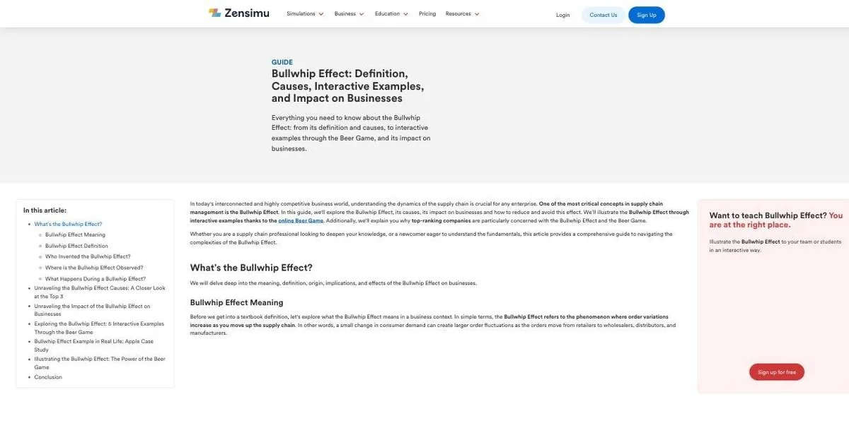 Page guide Bullwhip Effect sur zensimu.com