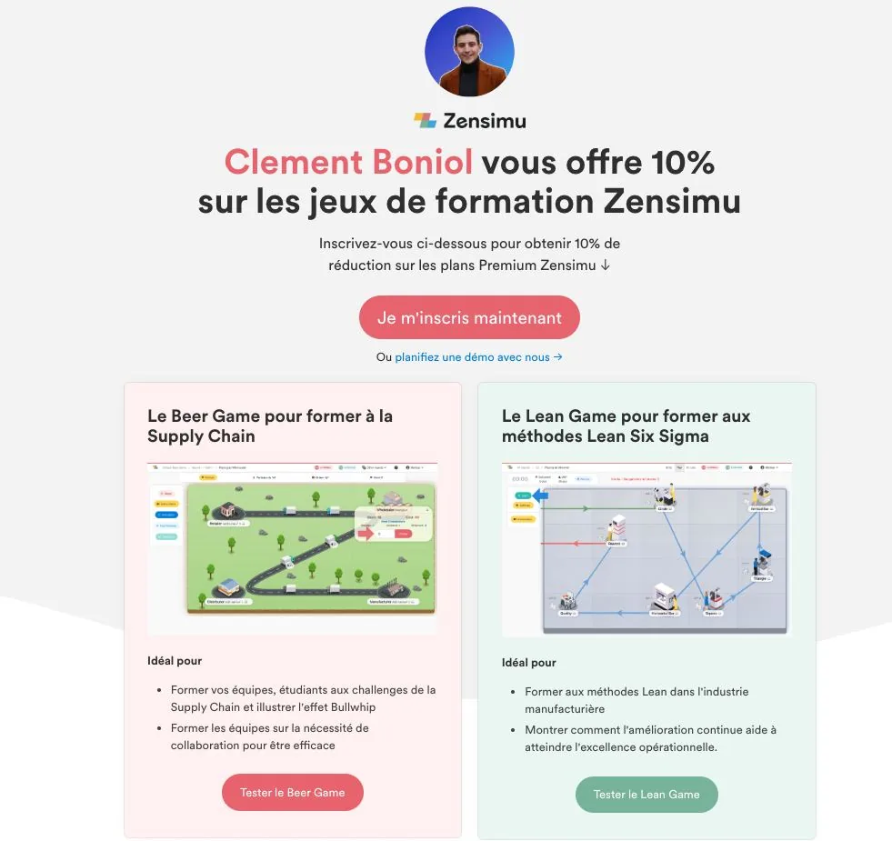 Landing page Zensimu personnalisée au nom d'un créateur Supply Chain avec 10% de réduction