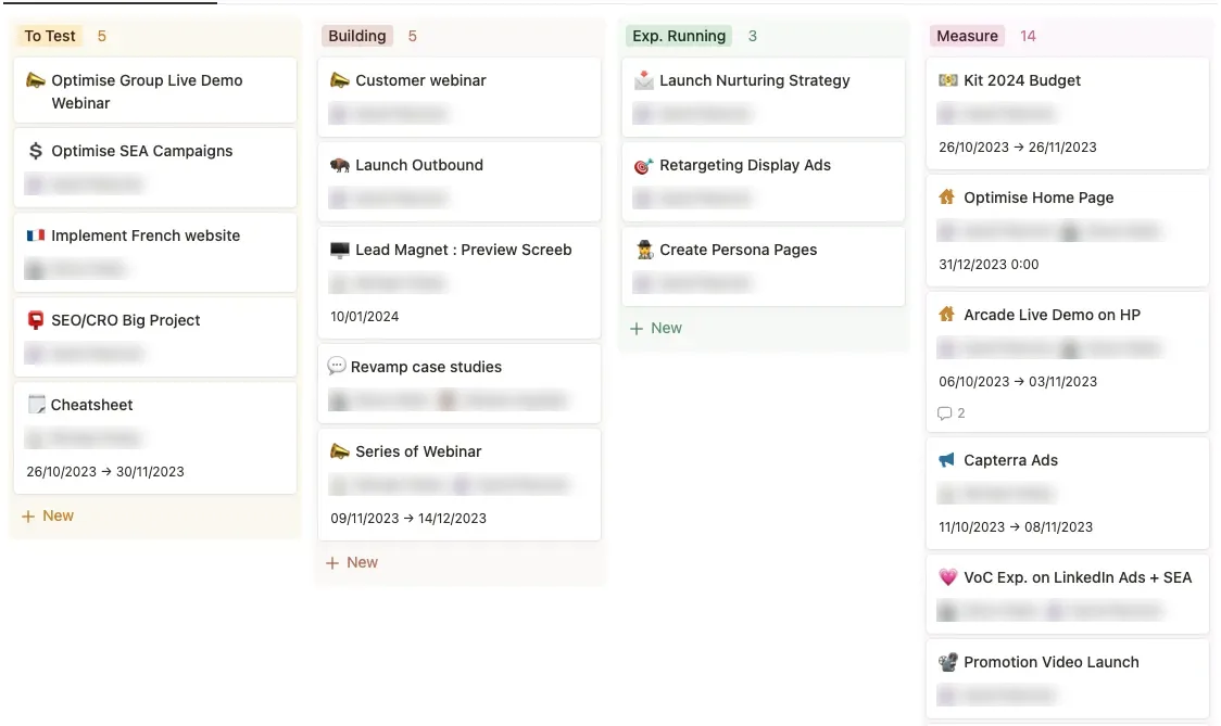 Kanban Notion des projets growth Screeb