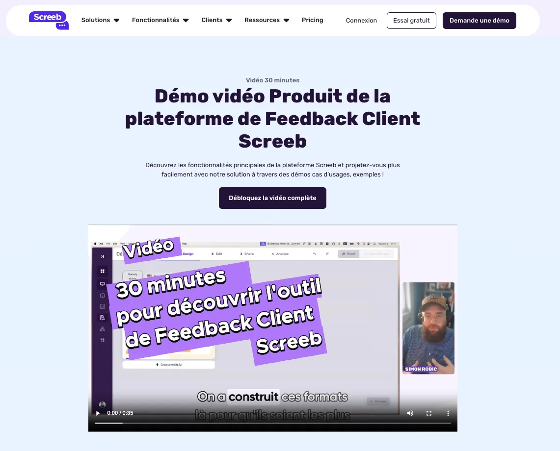 Landing page de la démo vidéo produit Screeb