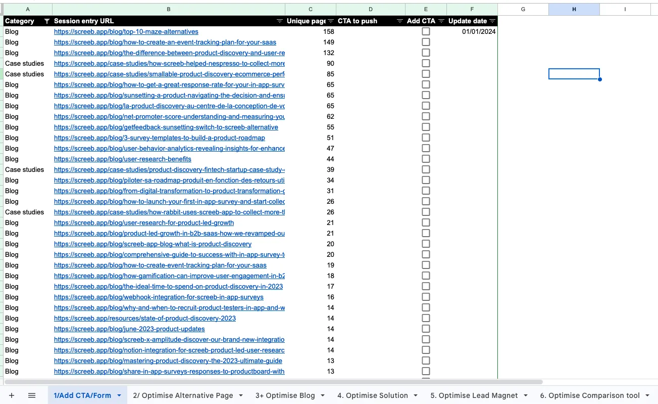 Google Sheet de refonte SEO des pages existantes de Screeb