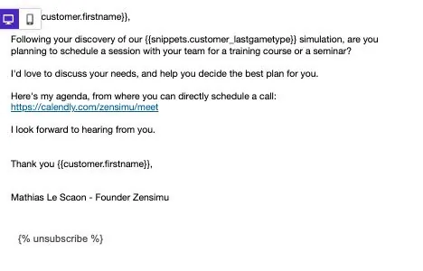 Email personnel du fondateur de Zensimu avec lien Calendly