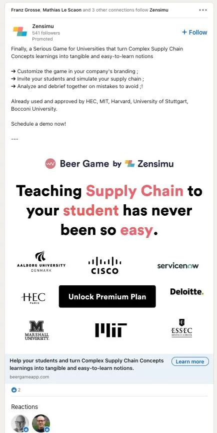 Annonce LinkedIn Zensimu pour les universités avec logos HEC, MIT, ESSEC