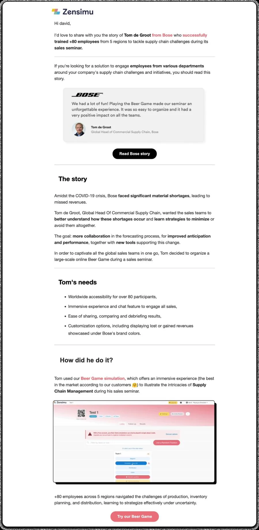 Email de nurturing Zensimu racontant l'étude de cas Bose
