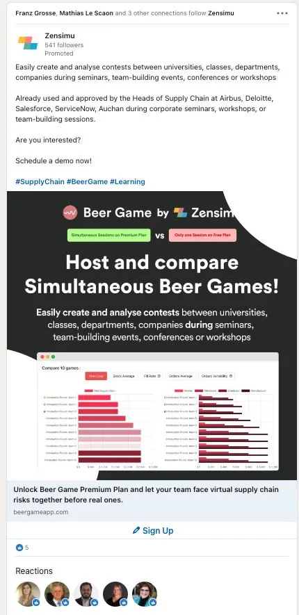 Annonce LinkedIn Zensimu : organiser et comparer des Beer Games simultanés