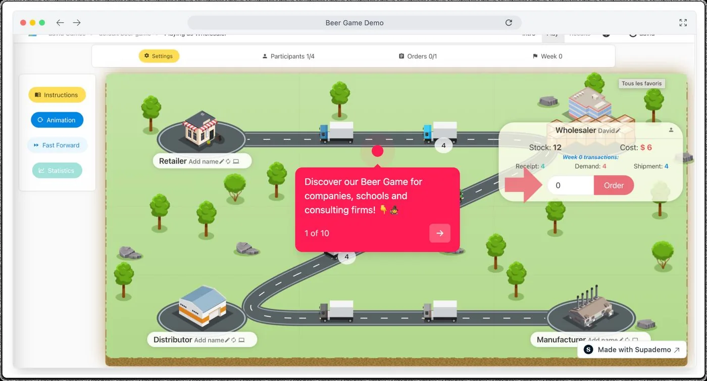 Démo interactive Supademo du Beer Game Zensimu, étape 1 sur 10
