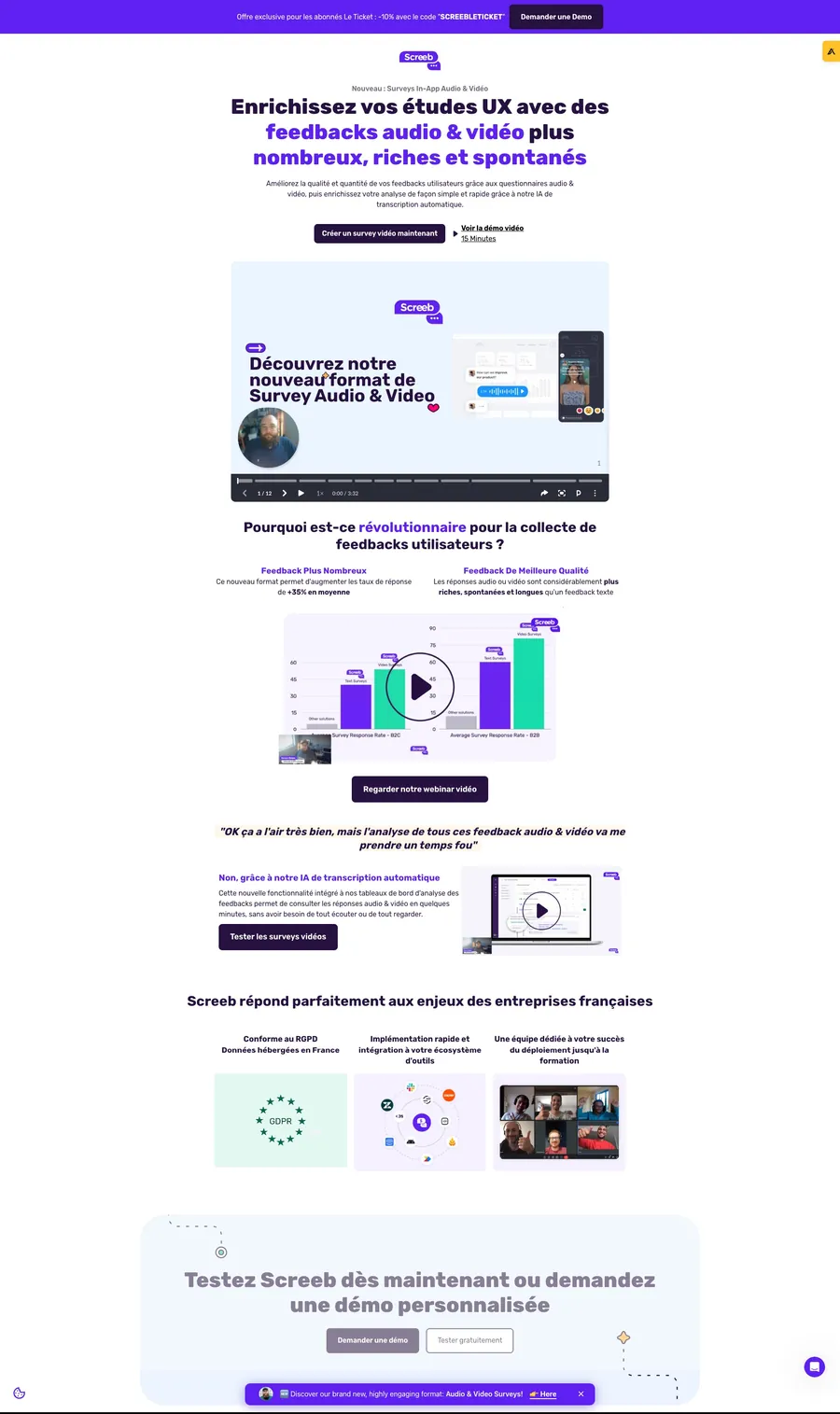 Landing page de lancement des surveys audio et vidéo de Screeb