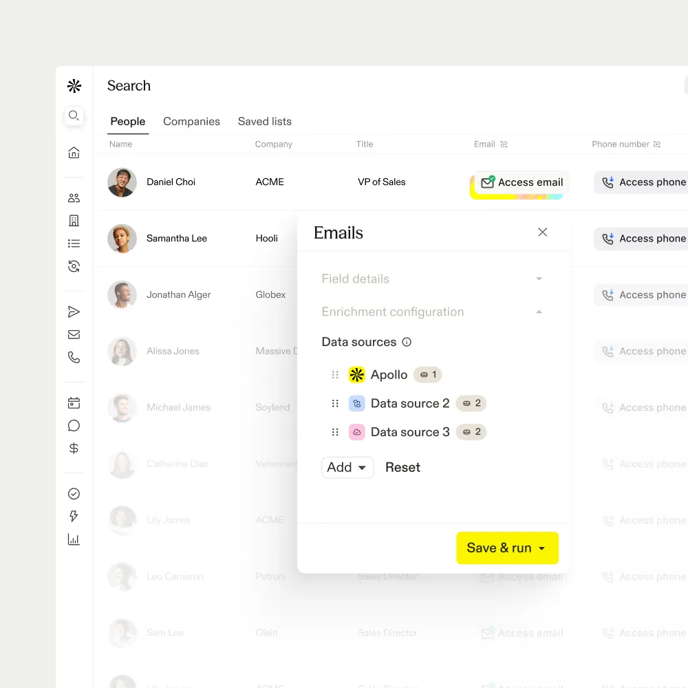 Interface Apollo de recherche de contacts avec filtres de données email