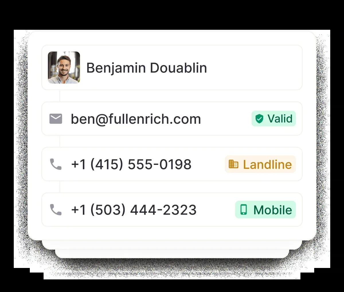 Fiche contact FullEnrich avec email vérifié et numéros de téléphone
