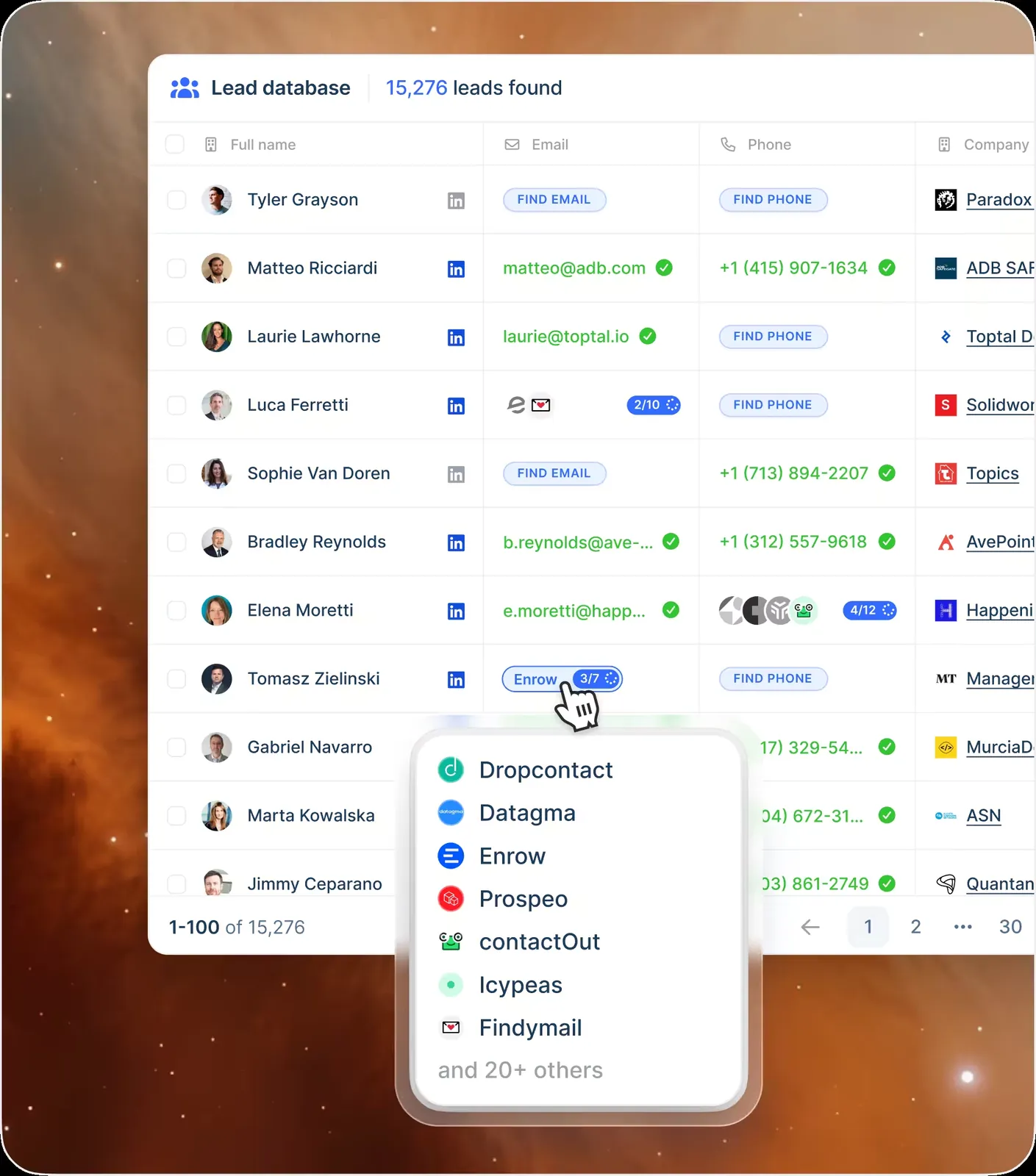 Interface lemlist de recherche et d'enrichissement de leads