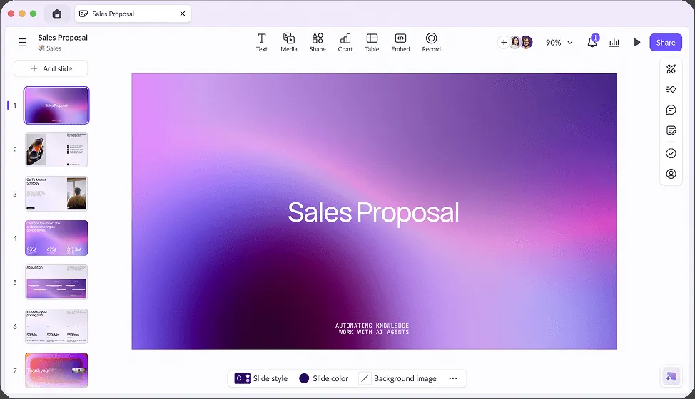 Éditeur Pitch montrant une présentation Sales Proposal avec la liste des diapositives