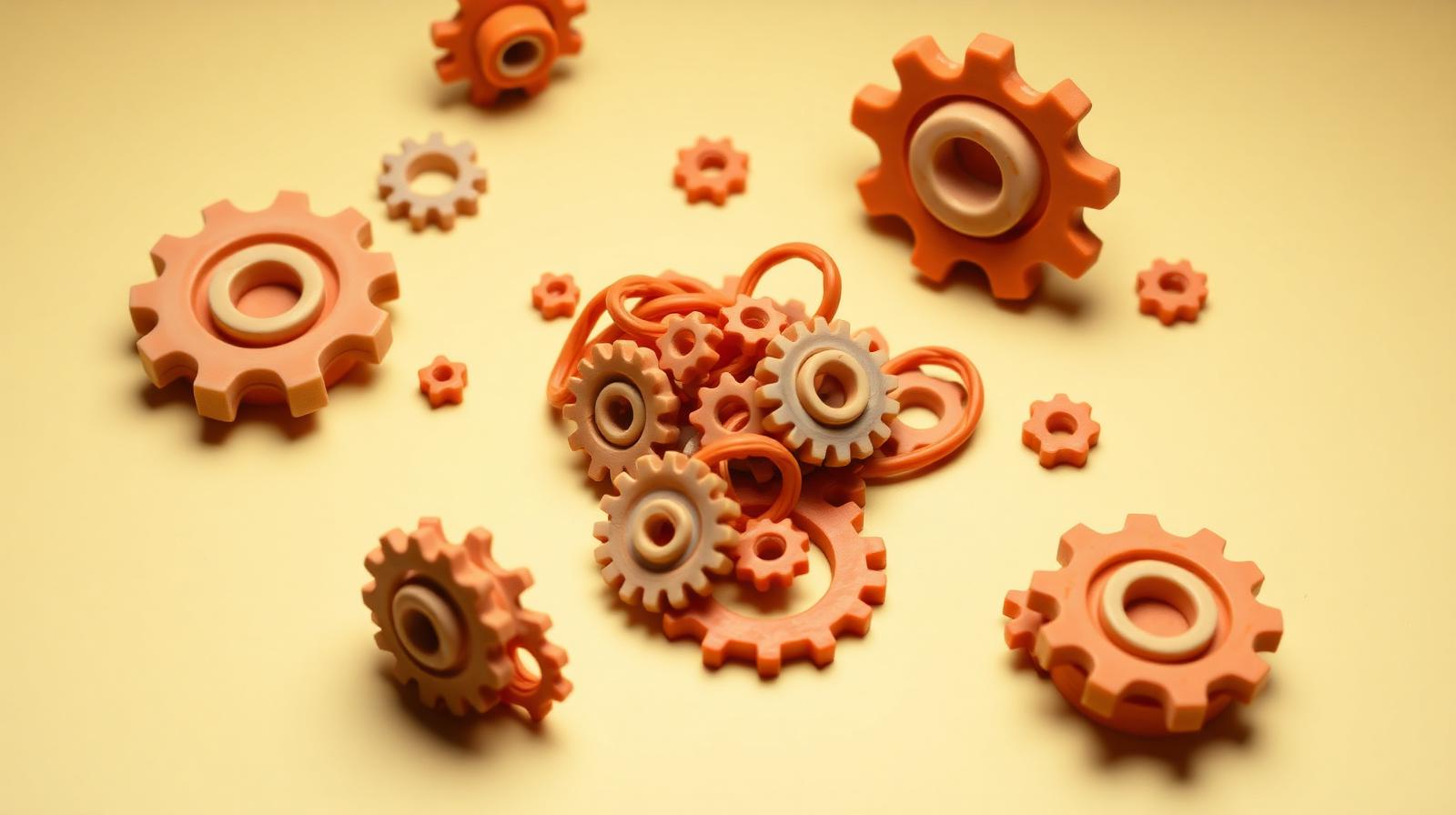 Engrenages emmêlés en pâte à modeler orange représentant le chaos growth