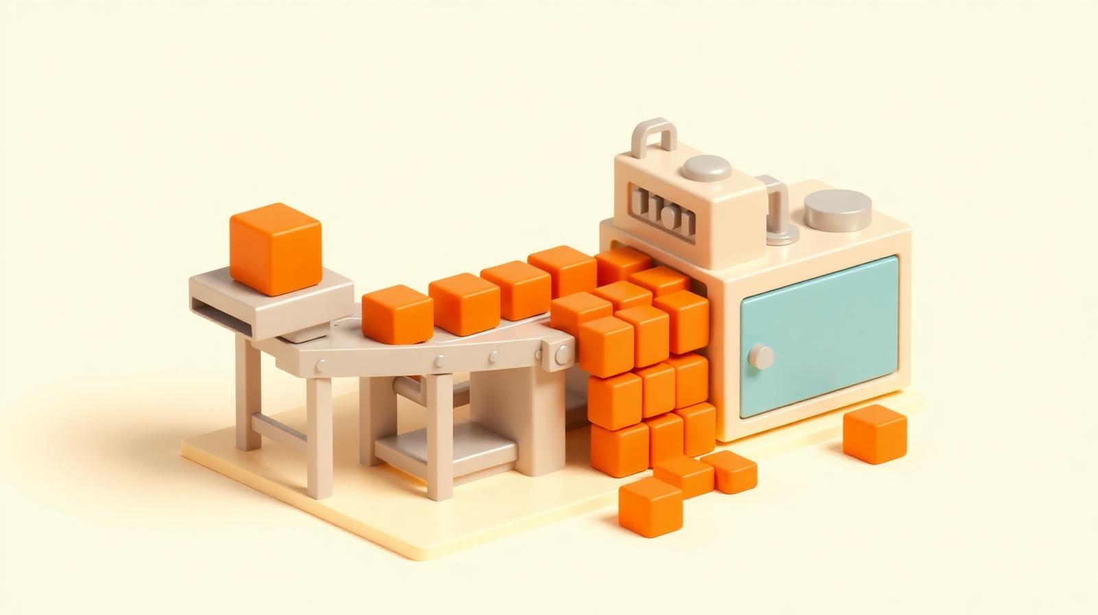 Machine 3D en pâte à modeler produisant des cubes orange sur tapis roulant