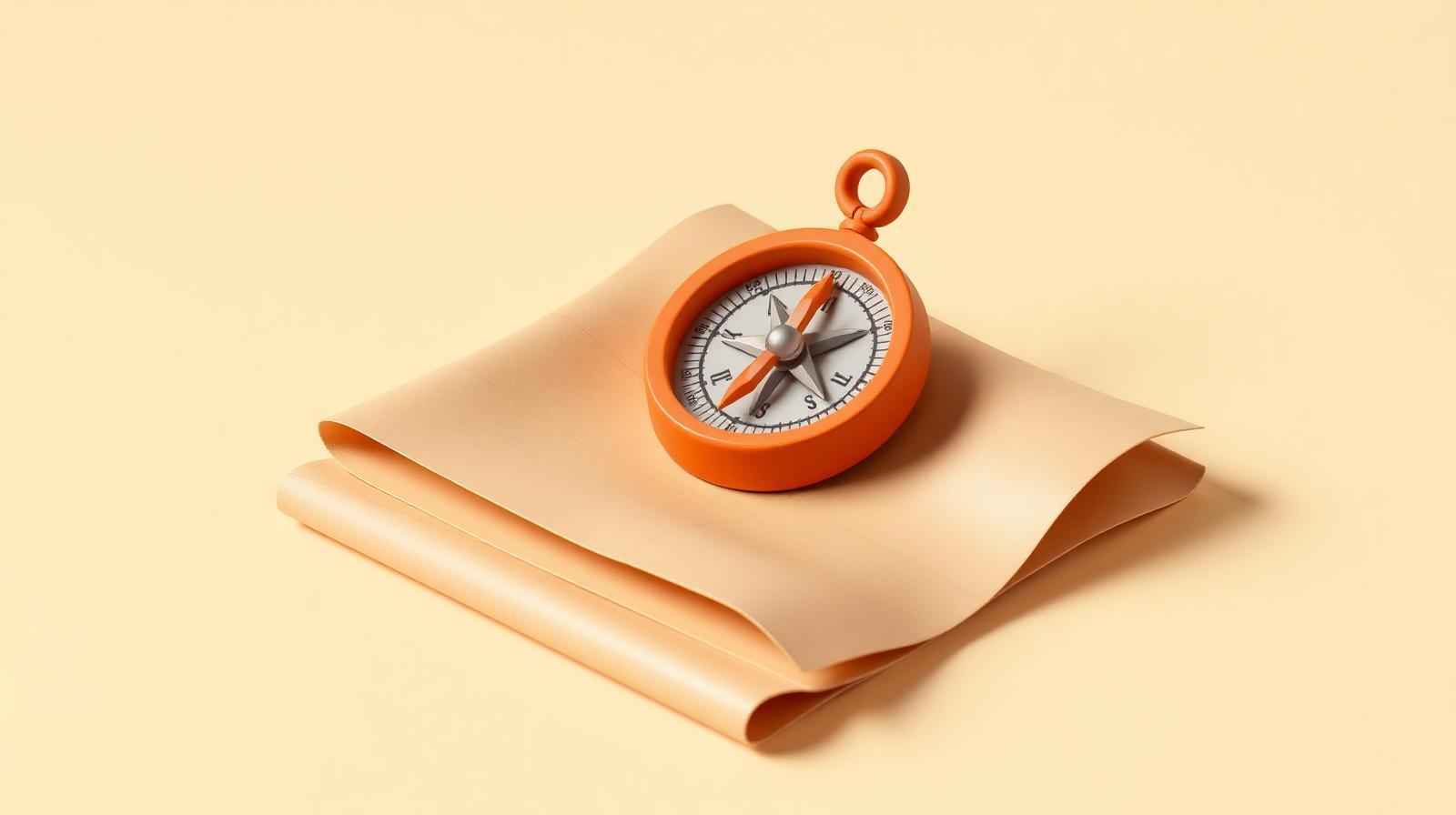 Boussole orange en pâte à modeler sur une carte beige