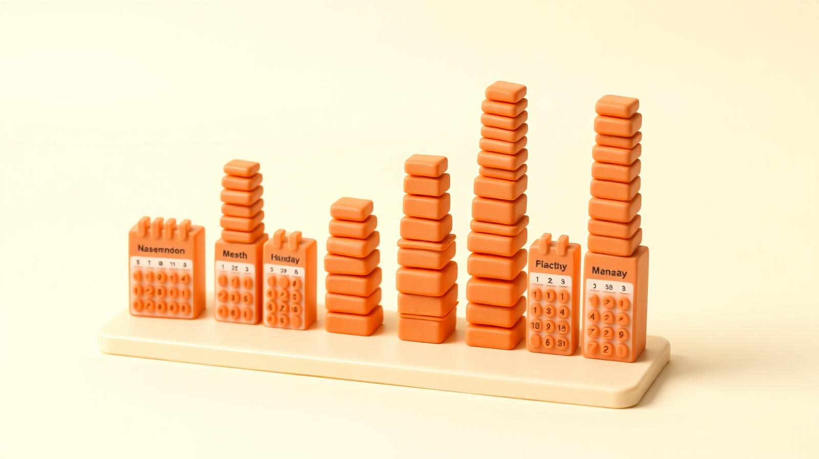 Calendrier 3D en pâte à modeler avec piles orange progressives sur 6 colonnes