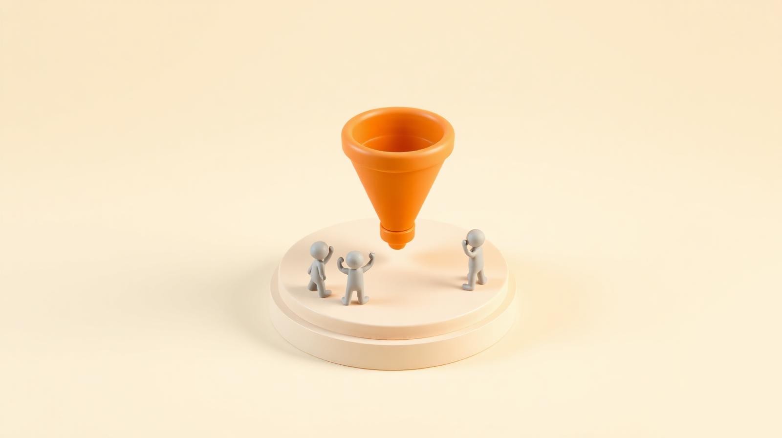 Petite équipe 3D en pâte à modeler autour d'un funnel orange